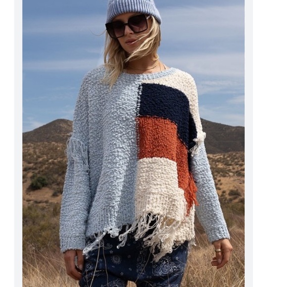 Pol Fringed Color Block Popcorn Knit Patchwork Oversized Sweater Blue Size M - Picture 11 of 11
